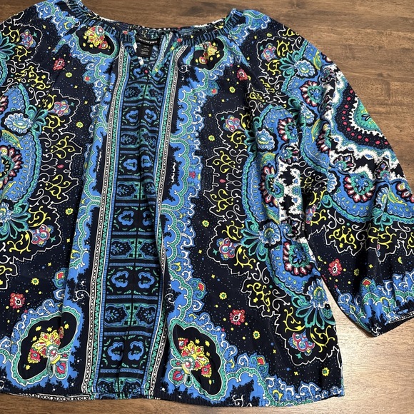 Lane Bryant Womens sz 18/20 Blue Paisley 3/4 Sleeve BoHo Peasant Blouse Shirt - Picture 3 of 10